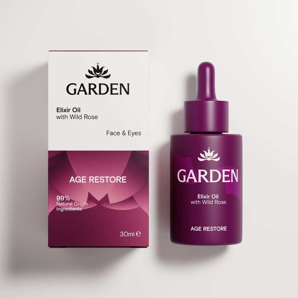 GARDEN Atkuriamasis veido eliksyras su nakvišų ir avokadų aliejais nuo senėjimo, 30 ml