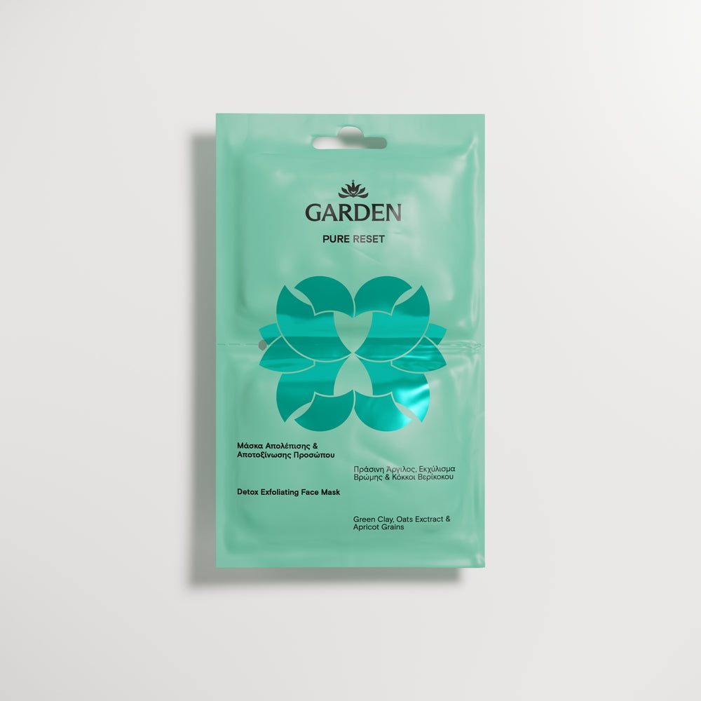 GARDEN "PURE RESET" Šveičiamoji ir detoksikuojanti veido kaukė su žaliuoju moliu ir abrikosų kauliukais, 2 x 8 ml