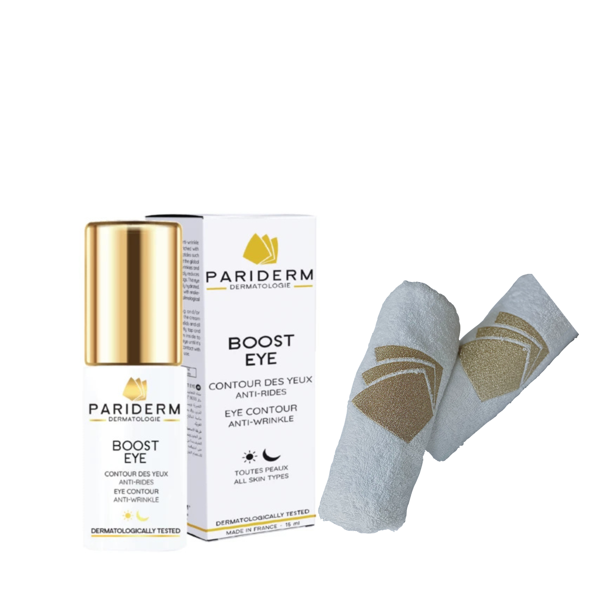 Dovana PARIDERM BOOST EYE Paakių Kremas 15ml ir Pariderm orginalus veido rankšluostis