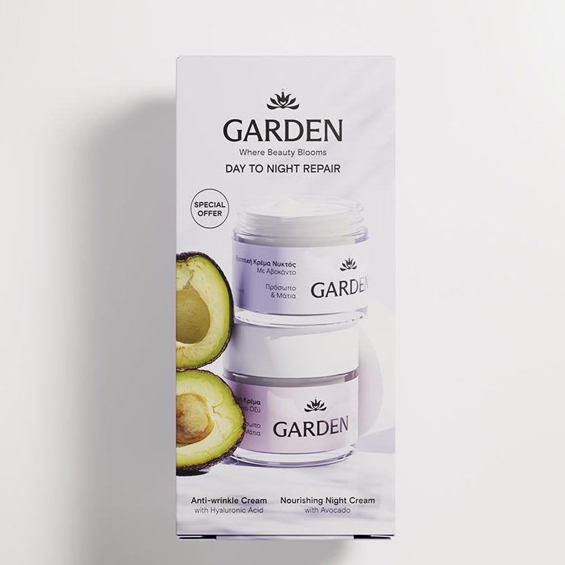 GARDEN "Day to Night Repair" rinkinys: Dieninis atkuriamasis kremas nuo raukšlių 50 ml + Maitinamasis naktinis kremas 50 ml