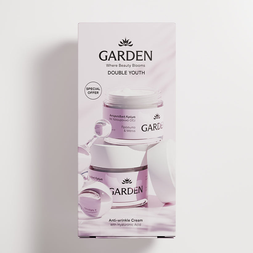 GARDEN "Double Youth" rinkinys: Du veido ir paakių kremai nuo raukšlių su hialurono rūgštimi, 2 x 50 ml