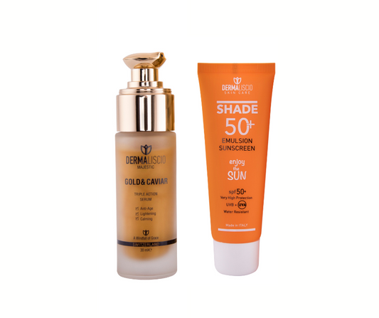 Dermaliscio Shade 50+ Sunscreen & Gold ir Caviar Triple Action Serum rinkinys