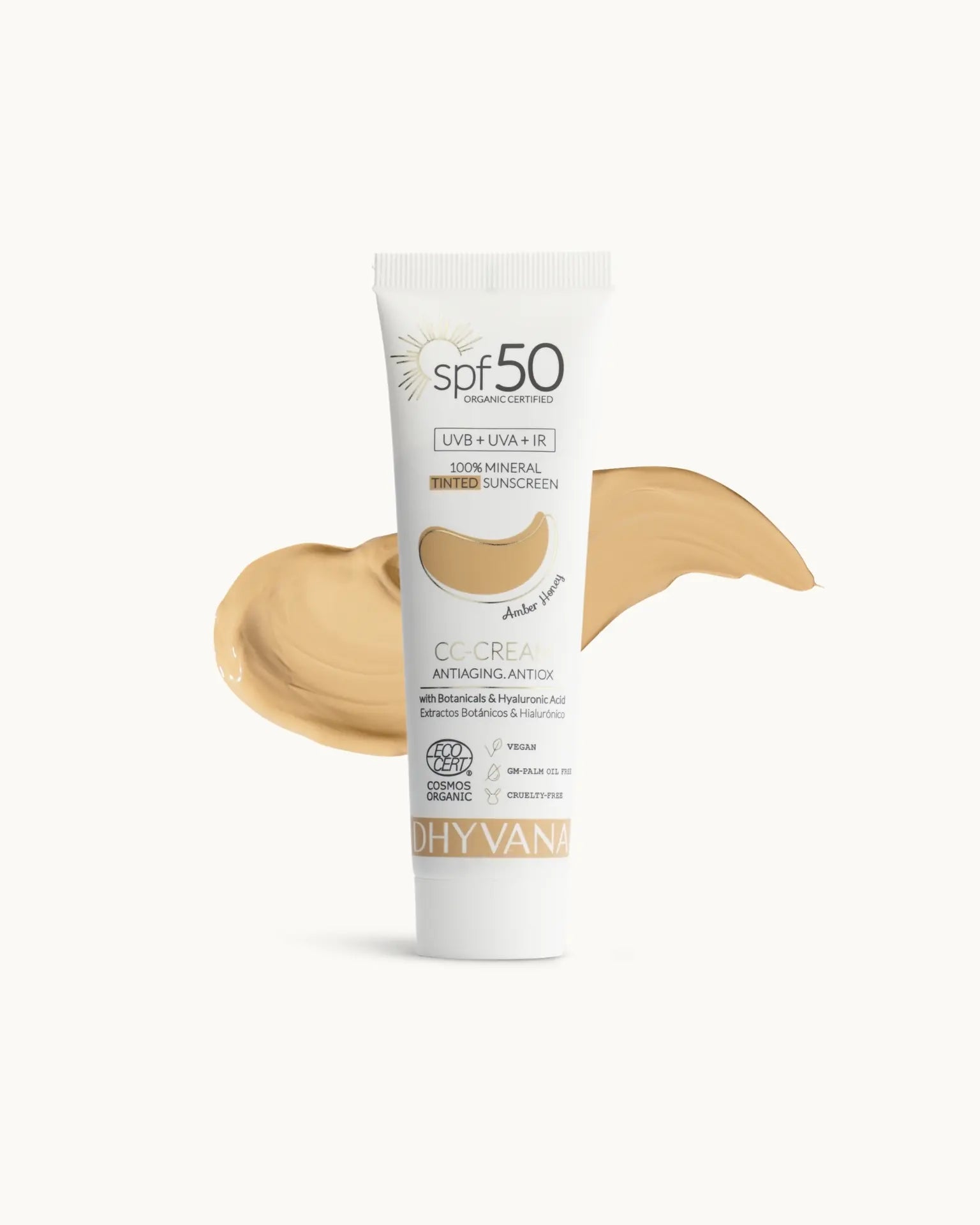 DHYVANA Apsauginis veido kremas nuo saulės SPF 50 su spalva (Golden Beige), 50 ml