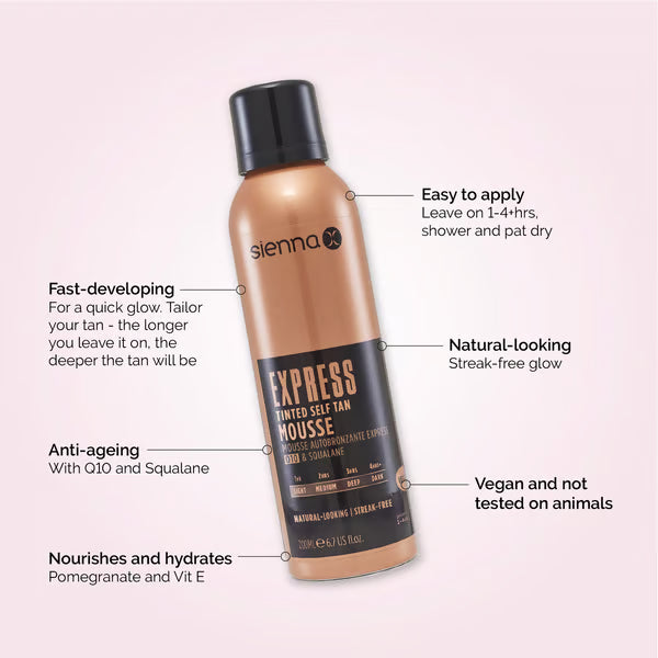 Sienna-X “EXPRESS/ 1 HOUR” SELF TAN TINTED MOUSSE Savaiminio įdegio putos – 1 val., 200 ml